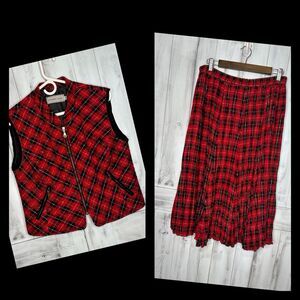 Vintage HOWARD WOLF DALLAS Red‎ Black Plaid Quilted Vest & Midi Skirt Set 12